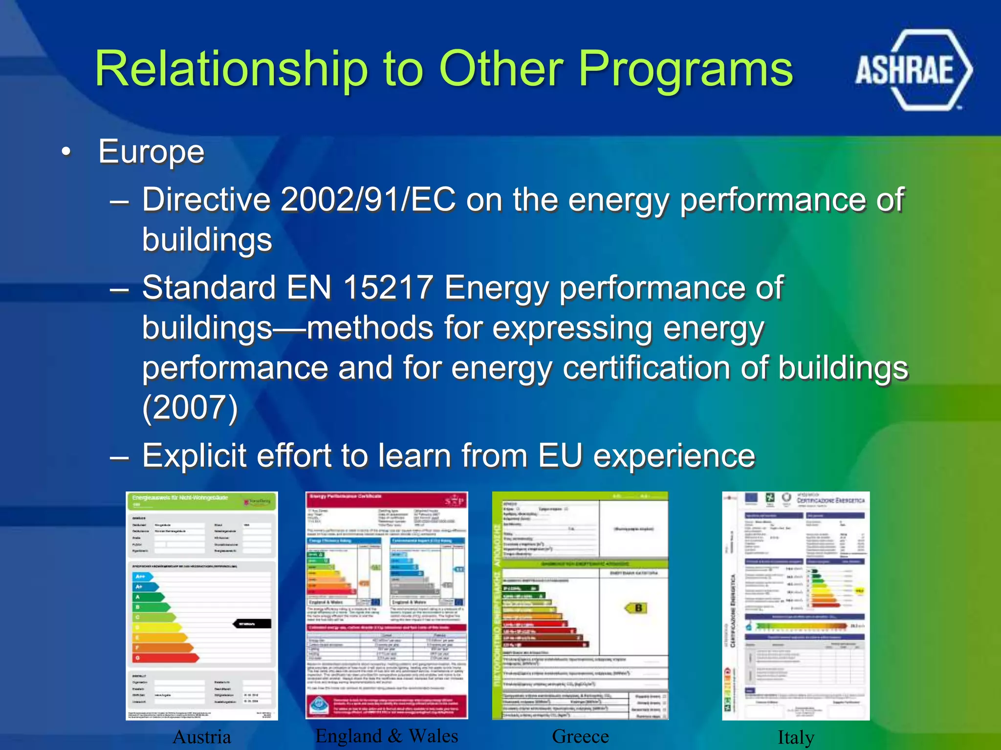 Relationship to Other Programs
• Europe
   – Directive 2002/91/EC on the energy performance of
     buildings
   – Standard EN 15217 Energy performance of
     buildings—methods for expressing energy
     performance and for energy certification of buildings
     (2007)
   – Explicit effort to learn from EU experience




       Austria   England & Wales   Greece        Italy
 