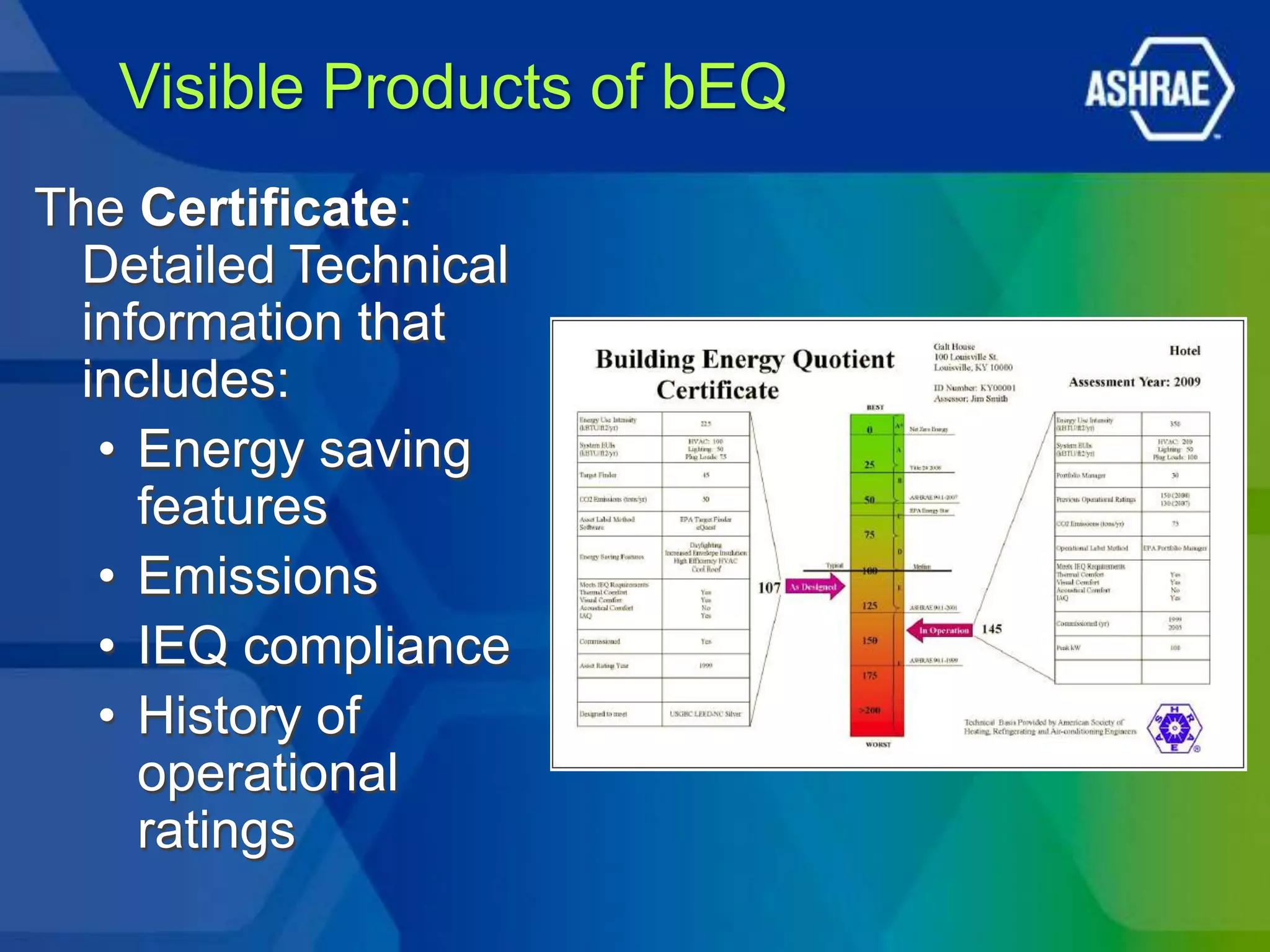 Visible Products of bEQ
The Certificate:
  Detailed Technical
  information that
  includes:
   • Energy saving
     features
   • Emissions
   • IEQ compliance
   • History of
     operational
     ratings
 