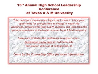 FIRST AMENDMENT ESSAY CONTESTOffered by-The San Antonio Chapter of Americans United for the Separation of Church and State Essay contest on the topic “What the First Amendment Means to me”Essays should be no longer than 500 words.Open to all grade levels.The winning entry will receive a $500 cash prize!Come to the Counseling Office for more information.
