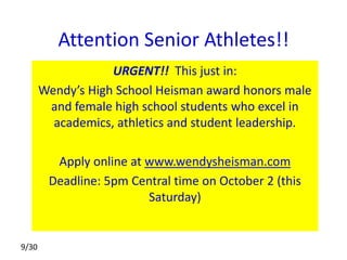 Fellowship of Christian AthletesEvery Thursday morning, 7:45 – 8:30 Mrs. Mumme’s room, B211You do not have to be a christian or athlete to join usBRING FRIENDS!   