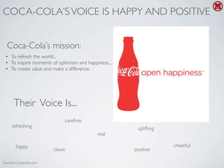 COCA-COLA’S VOICE IS HAPPY AND POSITIVE


  Coca-Cola’s mission:
 • To refresh the world...
 • To inspire moments of optimism and happiness...
 • To create value and make a difference.




      Their Voice Is...
                             carefree
     refreshing                                       uplifting
                                           real

       happy                                                      cheerful
                       classic                       positive

Source: Cocacola.com
 