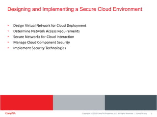 Copyright (c) 2019 CompTIA Properties, LLC. All Rights Reserved. | CompTIA.org
Designing and Implementing a Secure Cloud Environment
1
• Design Virtual Network for Cloud Deployment
• Determine Network Access Requirements
• Secure Networks for Cloud Interaction
• Manage Cloud Component Security
• Implement Security Technologies
 