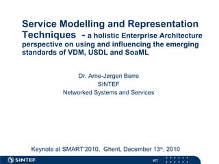 Service Modelling and Representation Techniques  -  a holistic Enterprise Architecture perspective on using and influencing the emerging standards of VDM, USDL and SoaML Dr. Arne-Jørgen Berre SINTEF Networked Systems and Services Keynote at SMART’2010,  Ghent, December 13 th , 2010 