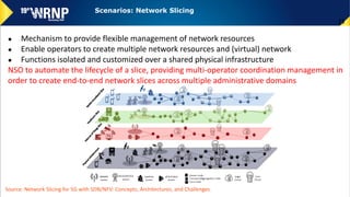 23
Source: Network Slicing for 5G with SDN/NFV: Concepts, Architectures, and Challenges.
● Mechanism to provide flexible management of network resources
● Enable operators to create multiple network resources and (virtual) network
● Functions isolated and customized over a shared physical infrastructure
NSO to automate the lifecycle of a slice, providing multi-operator coordination management in
order to create end-to-end network slices across multiple administrative domains
Scenarios: Network Slicing
 