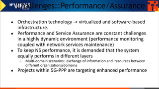 Challenges::Performance/Assurance
● Orchestration technology -> virtualized and software-based
infrastructure.
● Performance and Service Assurance are constant challenges
in a highly dynamic environment (performance monitoring
coupled with network services maintenance)
● To keep NS performance, it is demanded that the system
equally performs in different layers
○ Multi-domain scenarios: exchange of information and resources between
different organizations/domains
● Projects within 5G-PPP are targeting enhanced performance
41
 