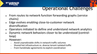 Operational Challenges
● From routes to network function forwarding graphs (service
chains)
● Edge evolves enabling close-to-customer network
diversification
● Operators initiated to define and understand network analytics
● Dynamic network behaviors closer to be understood (control-
loop)
● However:
○ Avoid unpredictable shifts in network traffic volumes
○ Shared hot infrastructure vs. diverse tenant isolated traffic
○ From handshake agreements to explicit coordination
 