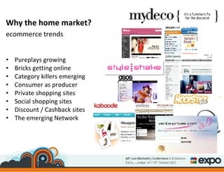 Why the home market? ecommerce trends Pureplays growing Bricks getting online Category killers emerging Consumer as producer Private shopping sites Social shopping sites Discount / Cashback sites The emerging Network 