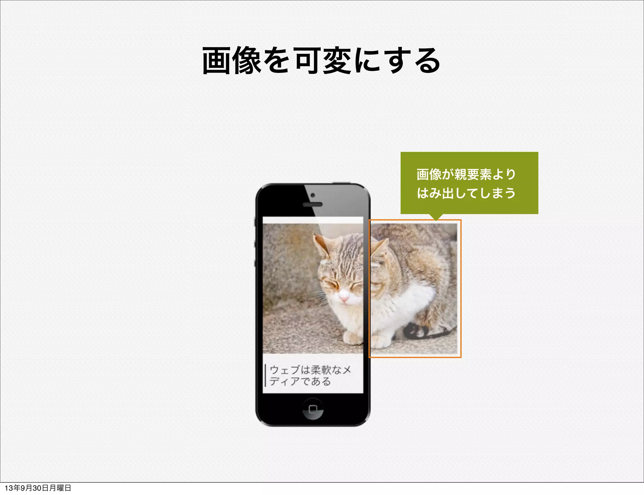 画像が親要素より
はみ出してしまう
画像を可変にする
13年9月30日月曜日
 