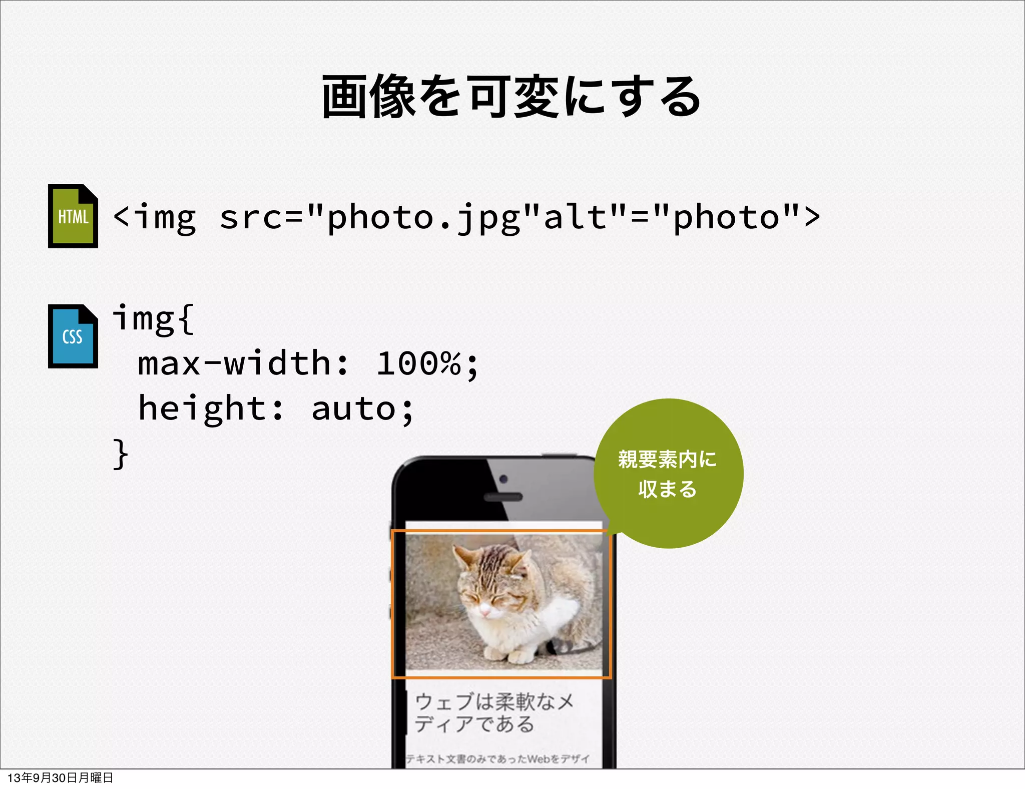 <img src="photo.jpg"alt"="photo">
img{
max-width: 100%;
height: auto;
}
HTML
CSS
画像を可変にする
親要素内に
収まる
13年9月30日月曜日
 