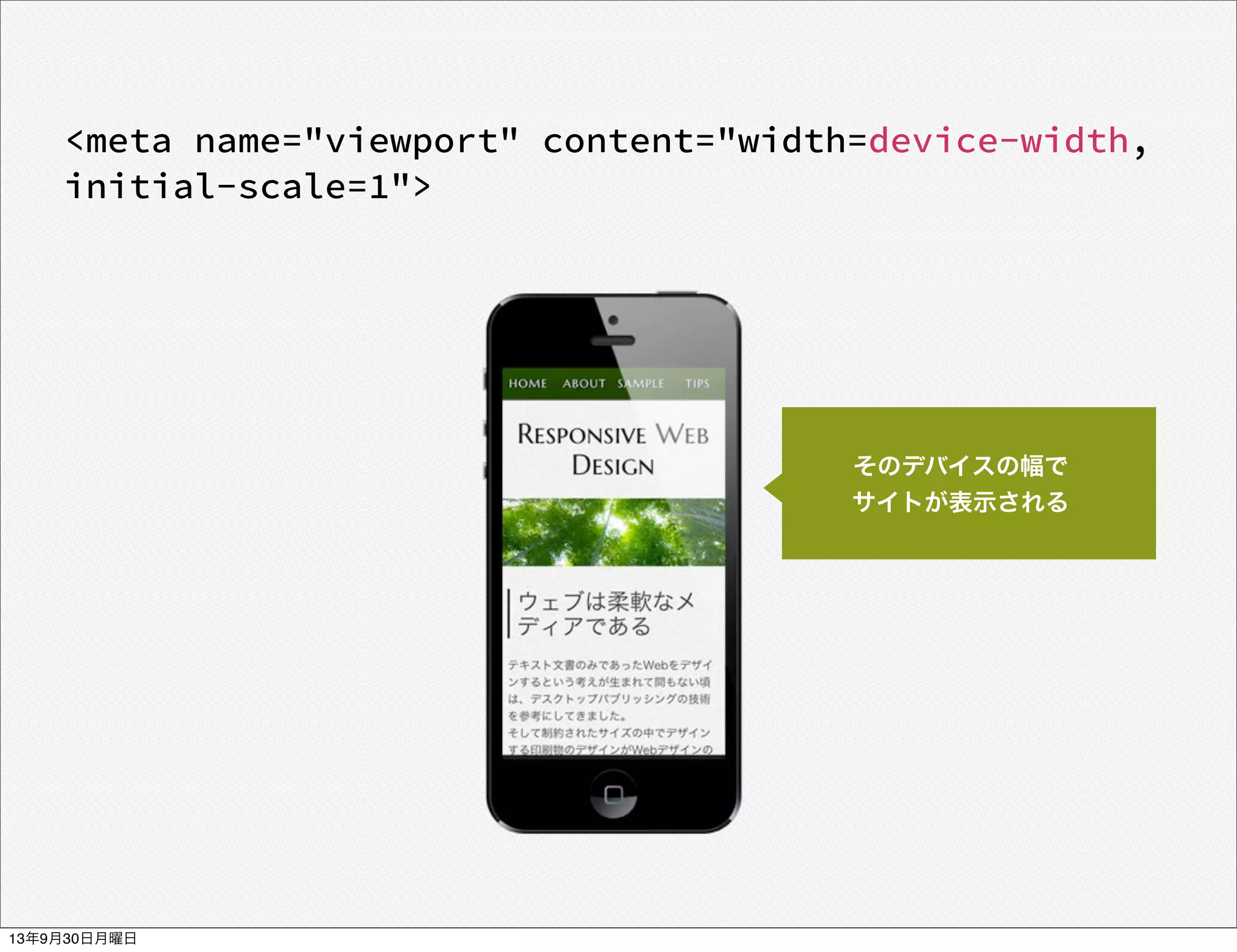 <meta name="viewport" content="width=device-width,
initial-scale=1">
そのデバイスの幅で
サイトが表示される
13年9月30日月曜日
 