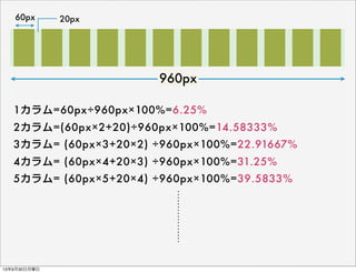 60px 20px
1カラム=60px÷960px×100%=6.25%
2カラム=(60px×2+20)÷960px×100%=14.58333%
3カラム= (60px×3+20×2) ÷960px×100%=22.91667%
4カラム= (60px×4+20×3) ÷960px×100%=31.25%
5カラム= (60px×5+20×4) ÷960px×100%=39.5833%
960px
13年9月30日月曜日
 