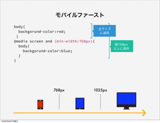 body{
backgorund-color:red;
}
@media screen and (min-width:768px){
body{
backgorund-color:blue;
}
}
モバイルファースト
1025px768px
幅768px
以上に適用
全サイズ
に適用
13年9月30日月曜日
 
