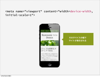 <meta name="viewport" content="width=device-width,
initial-scale=1">
そのデバイスの幅で
サイトが表示される
13年9月30日月曜日
 