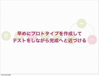 情報
設計
画面
設計
プロト
タイプ
デザイン
実装
調整 テスト
テスト
早めにプロトタイプを作成して
テストをしながら完成へと近づける
13年9月30日月曜日
 