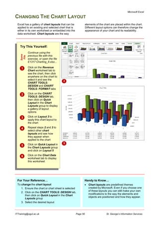 Microsoft Excel
ITTraining@sgul.ac.uk Page 50 St. George’s Information Services
CHANGING THE CHART LAYOUT
Try This Yourself:
Same
File
Continue using the
previous file with this
exercise, or open the file
E1317 Charting_8.xlsx...
 Click on the Revenue
Chart worksheet tab to
see the chart, then click
anywhere on the chart to
select it and see the
CHART TOOLS:
DESIGN and CHART
TOOLS: FORMAT tabs
 Click on the CHART
TOOLS: DESIGN tab,
then click on Quick
Layout in the Chart
Layouts group to display
a gallery of layout
options
 Click on Layout 3 to
apply this chart layout to
the chart
 Repeat steps 2 and 3 to
select other chart
layouts and see how
they appear when
applied to the chart
 Click on Quick Layout in
the Chart Layouts group
and click on Layout 5
 Click on the Chart Data
worksheet tab to display
this worksheet
2
Excel has a gallery of chart layouts that can be
applied to an existing and selected chart that is
either in its own worksheet or embedded into the
data worksheet. Chart layouts are the way
elements of the chart are placed within the chart.
Different layout options can therefore change the
appearance of your chart and its readability.
For Your Reference…
To change the chart layout:
1. Ensure the chart or chart sheet is selected
2. Click on the CHART TOOLS: DESIGN tab,
then click on Quick Layout in the Chart
Layouts group
3. Select the desired layout
Handy to Know…
 Chart layouts are predefined themes
created by Microsoft. Even if you choose one
of these layouts you can still make your own
modifications to the way the elements and
objects are positioned and how they appear.
5
 