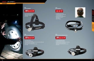 HEADLAMPS


            7041                                                                             7451
            6 CHIP LED HEADLAMP                                                              MICRO HEADLAMP

                    115ft     83      20 3 x AAA                                                    14       6.5 1 x AAA


            •	   Cloverleaf Multi-Reflector System                                           •	 Crystal Reflector Tube system
            •	   High intensity LED; white beam                                              •	 3 high intensity LEDs; 1 white in front,
            •	   Lightweight, comfortable                                                       2 blue safety lights in rear
            •	   Front switch                                                                •	 Hinged attachment to position beam
                                                                                             •	 Metal casing & adjustable
                                                                                                elastic straps
                                                                                             •	 Rear on/off switch




                                                                                                                                                              HEADLAMPS
            7468                                                                             1041
            REVOLUTION HEADLAMP with VLT                                                     REVOLUTION TRIPLEx HEADLAMP with VLT

                    476ft    100      60 3 x AAA                                                     115ft     72      17 3 x AAA


            •	   Prism Reflector System                                                      •	   Cloverleaf Multi-Reflector System
            •	   High intensity LED; white beam                                              •	   3 high intensity LEDs; white beam
            •	   Variable Light Output Technology (dimming function) controls light output   •	   Variable Light Output Technology controls brightness
            •	   Hinged attachment to position beam                                          •	   Hinged attachment to position beam
            •	   Metal & plastic casing, adjustable elastic straps                           •	   Metal & plastic casing, adjustable elastic straps
            •	   Front switch                                                                •	   Front switch




46                                                                                                                                                       47
 