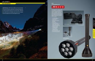 HIGH PERFORMANCE                                                          8737
                                                                          x21R RECHARGEABLE LIGHT

                                                                               1968ft 1400         15     4xD
                                                                                                           ni-MH
                                                                                                                   16.5
 High Performance. COAST LED Lenser lights are the most technologi-
 cally advanced LED lights available today. Combining the highest qual-   The revolutionary X21, released in 2009,
 ity LEDs with patented advanced lens and optic systems, COAST LED        is now available in a rechargeable bat-
                                                                          tery version. Giving off more than 1400
 Lenser High Performance flashlights produce beams that are brighter      lumens – an effective range of more
                                                                          than six football fields – the X21R com-
 than other LED lights and can be easily adapted to any use.              bines focusable task lighting with 600
                                                                          hours of battery life on 4 D cell alkaline
                                                                          batteries or the provided rechargeable
                                                                          lithium ion battery.

                                                                          •	 16.5 inches long /
                                                                             3.6 inch head diameter
                                                                          •	 Aluminum body
                                                                          •	 Advanced Focus System™–
                                                                             Multi-Optic
                                                                          •	 Speed-Focus™
                                                                          •	 Three step Quick-Cycle
                                                                             Switch™ function–press for                   Includes carrying case
                                                                             maximum light, click for
                                                                             high light, click again for low
                                                                          •	 Powered by included
                                                                             rechargeable battery
                                                                             or four D batteries
                                                                          •	 Charging cradle and
                                                                             wall mount included




                                                                                                                                                                           HIGH PERFORMANCE
                                                                          •	 Microcontroller switch system
                                                                          •	 Anti-roll hood and tail cover




                                                                                                                       Includes wall mount
                                                                                                                       and AC recharging unit



                                                                                                                                                                  ™
                                                                                                                                                              cus
                                                                                                                                                        d -Fo
                                                                                                                                                      ee
                                                                                                                                                   Sp




48                                                                                                                                                                    49
 