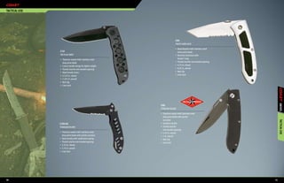 tActicAL USE




                                                                            c04
                                                                            TANTO LINER LOCK

                                                                            •	 Bead blasted 440C stainless steel
               c19                                                             tanto point blade
               TACTICAL KNIFE                                               •	 Brushed aluminum with
               •	 Titanium coated 440C stainless steel                         Kraton® inlay
                  drop point blade                                          •	 Thumb stud for one-handed opening
               •	 Cutout handle design for lighter weight                   •	 4.75 in. closed
               •	 Thumb stud for one-handed opening                         •	 8.25 in. overall
               •	 Steel handle liners                                       •	 Belt clip
               •	 4.125 in. closed                                          •	 Liner lock
               •	 7.375 in. overall
               •	 Belt clip
               •	 Liner lock




                                                                                                                        KNiVES
                                                            c08
                                                            TITANIUM FOLDER

                                                            •	 Titanium coated 440C stainless steel
                                                               drop point blade with partial
                                                               serration




                                                                                                                        tActicAL USE
               c20146                                       •	 Graphite handle
               TITANIUM FOLDER                              •	 Thumb stud for
                                                               one-handed opening
               •	 Titanium coated 440C stainless steel      •	 4.25 in. closed
                  drop point blade with partial serration   •	 7 in. overall
               •	 Steel handle with rubberized coating      •	 Belt clip
               •	 Thumb stud for one-handed opening         •	 Liner lock
               •	 3.25 in. closed
               •	 5.75 in. overall
               •	 Liner lock




90                                                                                                                 91
 