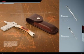 GEAR




                                                              cM-1
                                                              LARGE DIAMOND SHARPENER

                                                              •	 Features diamond particle coated
                                                                 sharpening rod
                                                              •	 Sharpens knives, tools,
                                                                 scissors, even fish hooks




                                                                                                           KNiVES
                                                              cM-2
                                                              MEDIUM DIAMOND SHARPENER




                                                                                                           GEAR
                                                              •	 Does everything the CM-1 does but
                                                                 in an even more compact size



       Protect your investment in COAST quality products
       with our selection of traditional leather and light-
       weight nylon sheaths. You’ll also find a choice of
       sharpening tools—from the traditional Arkansas
       stone to our pocket-sized Diamond Sharpeners—
       plus our durable Utility Shears.




102                                                                                                  103
 