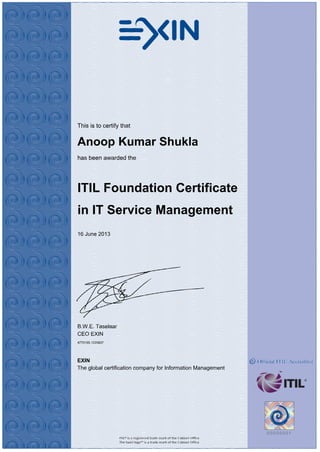 This is to certify that
Anoop Kumar Shukla
has been awarded the
ITIL Foundation Certificate
in IT Service Management
16 June 2013
B.W.E. Taselaar
CEO EXIN
4770105.1220837
EXIN
The global certification company for Information Management
 