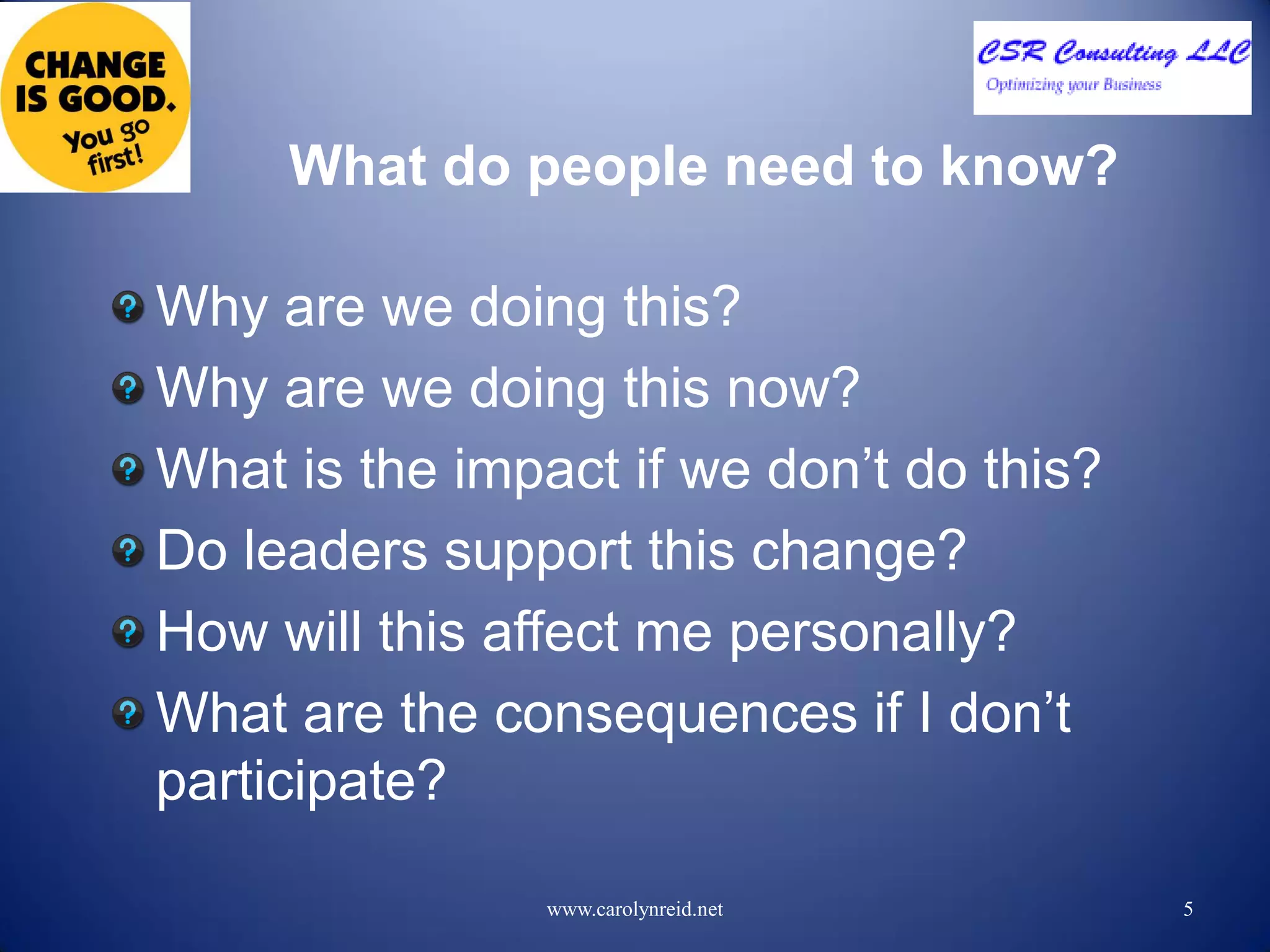 What do people need to know?
Why are we doing this?
Why are we doing this now?
What is the impact if we don’t do this?
Do leaders support this change?
How will this affect me personally?
What are the consequences if I don’t
participate?
5www.carolynreid.net
 
