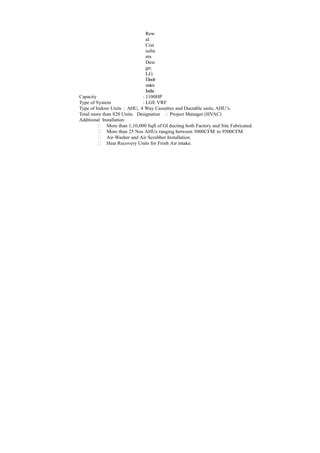 Rew
al
Con
sulta
nts
Desi
gn:
L.G.
Electr
onics
India
Capacity : 1100HP
Type of System : LGE VRF
Type of Indoor Units : AHU, 4 Way Cassettes and Ductable units, AHU’s.
Total more than 820 Units. Designation : Project Manager (HVAC)
Additional Installation:
 More than 1,10,000 Sqft of GI ducting both Factory and Site Fabricated.
 More than 25 Nos AHUs ranging between 3000CFM to 9500CFM.
 Air-Washer and Air Scrubber Installation.
 Heat Recovery Units for Fresh Air intake.
 