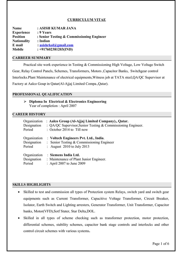 Asish CV (electrical engineer testing and commissioning and maintenance