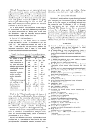 Although Openmeetings does not support private chat                exam and polls, video, audio and desktop sharing,
and session control by learners, sessions can be arranged             intermixing various file types in a single workbook etc.
as private rooms and 4x4 meetings (4 users when everyone
speaks and views with each other) with whiteboard content                                IV. CONCLUSIVE REMARKS
shared among all users. Some users experienced echoes                    This research has proved that virtual classroom free and
when used speakers instead of headphones and pretty                   open source software, implemented either as in-house or as
excessive jitter when having five users and more. MS                  hosted service, has emerged as considerable alternative to
Office files and images could be uploaded and presented               the commercial ones. Development is still very dynamic
(converted on the fly to pdf or swf).                                 and improvements and new features are constantly
   All of these products have integration module support              performed. The dilemma is not: free or commercial
for Moodle VLE [15]. Recently, Openmeetings integration               software, but well-designed, efficient or ill-designed,
with ATutor was created [12]. Being based on the same                 unsuitable software. Sometimes relatively small additional
Java technology, Sakai has integrated reduced-featured                fee could benefit a great improvement. The objective is to
virtual classroom module named Agora [8].                             get the most in quality and desirable features for available
  B. Selected VC free hosted services                                 budget and from the right balance between outsourced and
                                                                      internal services, and focus on human resources.
   The following VC free hosted service are selected:
WizIQ [16], Dimdim (version 4 as hosted service) [11] and
                                                                                                   REFERENCES
Vyew [17]. Their comparative features are listed in the
                                                                      [1]    Standardi za akreditaciju studijskih programa prvog i drugog
Table 2. Vyew is the only one that still does not have any
                                                                             nivoa, Nacionalni Savet za visoko obrazovanje, Sl. glasnik
integration capabilities. None of these VC free hosted                       Republike Srbije br. 106 od 24. novembra 2006.
services has custom branding feature enabled.                         [2]    R. Jimenez (August 8, 2008), Using Reusable Flash Engines to
                                                                             Increase Speed and Reduce Cost, The Elearning Guild’s online
                                                                             forums (archive available to the Member Plus membership)
    TABLE 2: FREE HOSTED SERVICES - FEATURES COMPARISON                      Available:
 Features                 Dimdim WizIQ            Vyew                       http://www.elearningguild.com/olf/olfarchives/index.cfm?action=vi
                                                                             ewonly&id=464
 max number of users         20         50         20
                                                                      [3]    D. McIntosh (last updated on July 22, 2008), Vendors of Learning
 public / private chat    yes / yes yes / no yes / yes                       Management and E-learning Products.
 video signals from all      yes        yes        yes                       Available: http://www.trimeritus.com/vendors.pdf.
 user status indication      yes        yes        yes                [4]    Web Conferencing: Product listings and reviews of Internet
                                                                             Conferencing, Screen Sharing, Instant Messaging, and Chat
 upload & store content pdf, swf... pdf, swf... pdf, swf                     Software
 whiteboard & annotat.       yes        yes        yes                       Available: http://www.thinkofit.com/webconf/realtime.htm#general
 math editor                 yes        yes        yes                [5]    Open Alternative’s blog (August 7, 2008), Free screen sharing
                                                                             alternatives - a list.
 learners as presenters      yes        yes        yes                       Available: http://www.openalternatives.org/site/2008/08/free-
 session recording           yes        yes     in devel.                    screen-sharing-alternatives-a-list/
 session scheduling          yes        yes        yes                [6]    Moodle - A Free, Open Source Course Management System for
                                                                             Online Learning
 polls                       yes     in devel.     yes                       Available: http://moodle.org
 localization (languages)    no         no         no                 [7]    ATutor Learning Content Management System: Information
 paid teaching service       no         yes        no                        Available: http://www.atutor.ca
                                                                      [8]    Sakai Project: Home
 desktop sharing           built in add. inst. built in                      Available: http://www.sakaiproject.org/portal
 VLE integration          moodle moodle           none                [9]    Red5 Open Source Flash Server
 collaboration               yes        no         yes                       Available: http://osflash.org/red5
                                                                      [10]   HOSTIREX web hosting provider (private communication -
 learners need not log in    yes        no         yes                       customer support)
                                                                             Available: www.hostirex.com
   WizIQ is the VC free hosted service with features of               [11]   Dimdim: Free Web Meeting, Free Web Conferencing…
                                                                             Available: http://www.dimdim.com
social networking regarding detailed data about teachers’             [12]   Openmeetings: Google Code
competencies in the community, advertisement of their                        Available: http://code.google.com/p/openmeetings
services and paid teaching service facilities and also offers         [13]   VMukti.com Video Conference Software Free VOIP
                                                                             Available: http://www.vmukti.com
the greatest number of maximum users allowed for free.
                                                                      [14]   OpenOffice.org: The Free and Open Productivity Suite
Desktop sharing is very smooth and intuitive, integrated in                  Available: http://www.openoffice.org
the whiteboard, though additional desktop-sharing                     [15]   Moodle: Modules and plugins
software install is required for a desktop presenter only.                   Available: http://moodle.org/mod/data/view.php?id=6009
                                                                      [16]   WizIQ Dashboard
   Dimdim hosted version is very mature software product                     Available: http://www.wiziq.com/home
based on commercial secured resources, with great video,              [17]   Vyew.com - Vyew - FREE Anytime Collaboration and Live
audio and desktop sharing fluency, and it is definitely a                    Conferencing
                                                                              Available: http://www.vyew.com/site
good solution for up to 20 users.
   Vyew is still without some useful features like session
recording and VLE integration (in development), but has a
great potential in collaboration features, great math editor,


                                                                885
 