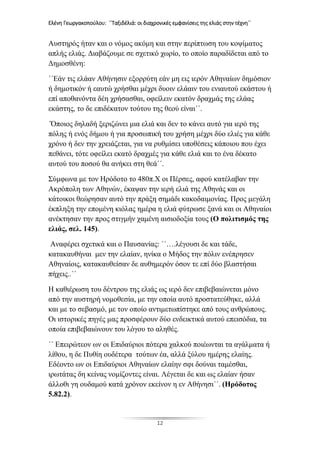 Ελένη Γεωργακοπούλου: ΄΄Ταξιδέλιά: οι διαχρονικές εμφανίσεις της ελιάς στην τέχνη΄΄
12
Αυστηρός ήταν και ο νόμος ακόμη και στην περίπτωση του κοψίματος
απλής ελιάς. Διαβάζουμε σε σχετικό χωρίο, το οποίο παραδίδεται από το
Δημοσθένη:
΄΄Εάν τις ελάαν Αθήνησιν εξορρύτη εάν μη εις ιερόν Αθηναίων δημόσιον
ή δημοτικόν ή εαυτώ χρήσθαι μέχρι δυοιν ελάαιν του ενιαυτού εκάστου ή
επί αποθανόντα δέη χρήσασθαι, οφείλειν εκατόν δραχμάς της ελάας
εκάστης, το δε επιδέκατον τούτου της θεού είναι΄΄.
΄Όποιος δηλαδή ξεριζώνει μια ελιά και δεν το κάνει αυτό για ιερό της
πόλης ή ενός δήμου ή για προσωπική του χρήση μέχρι δύο ελιές για κάθε
χρόνο ή δεν την χρειάζεται, για να ρυθμίσει υποθέσεις κάποιου που έχει
πεθάνει, τότε οφείλει εκατό δραχμές για κάθε ελιά και το ένα δέκατο
αυτού του ποσού θα ανήκει στη θεά΄΄.
Σύμφωνα με τον Ηρόδοτο το 480π.Χ οι Πέρσες, αφού κατέλαβαν την
Ακρόπολη των Αθηνών, έκαψαν την ιερή ελιά της Αθηνάς και οι
κάτοικοι θεώρησαν αυτό την πράξη σημάδι κακοδαιμονίας. Προς μεγάλη
έκπληξη την επομένη κιόλας ημέρα η ελιά φύτρωσε ξανά και οι Αθηναίοι
ανέκτησαν την προς στιγμήν χαμένη αισιοδοξία τους (Ο πολιτισμός της
ελιάς, σελ. 145).
Αναφέρει σχετικά και ο Παυσανίας: ΄΄….λέγουσι δε και τάδε,
κατακαυθήναι μεν την ελαίαν, ηνίκα ο Μήδος την πόλιν ενέπρησεν
Αθηναίοις, κατακαυθείσαν δε αυθημερόν όσον τε επί δύο βλαστήσαι
πήχεις..΄΄
Η καθιέρωση του δέντρου της ελιάς ως ιερό δεν επιβεβαιώνεται μόνο
από την αυστηρή νομοθεσία, με την οποία αυτό προστατεύθηκε, αλλά
και με το σεβασμό, με τον οποίο αντιμετωπίστηκε από τους ανθρώπους.
Οι ιστορικές πηγές μας προσφέρουν δύο ενδεικτικά αυτού επεισόδια, τα
οποία επιβεβαιώνουν του λόγου το αληθές.
΄΄ Επειρώτεον ων οι Επιδαύριοι πότερα χαλκού ποιέωνται τα αγάλματα ή
λίθου, η δε Πυθίη ουδέτερα τούτων έα, αλλά ξύλου ημέρης ελαίης.
Εδέοντο ων οι Επιδαύριοι Αθηναίων ελαίην σφι δούναι ταμέσθαι,
ιρωτάτας δη κείνας νομίζοντες είναι. Λέγεται δε και ως ελαίαν ήσαν
άλλοθι γη ουδαμού κατά χρόνον εκείνον η εν Αθήνησι΄΄. (Ηρόδοτος
5.82.2).
 