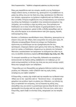 Ελένη Γεωργακοπούλου: ΄΄Ταξιδέλιά: οι διαχρονικές εμφανίσεις της ελιάς στην τέχνη΄΄
13
Όπως μας παραδίδεται από την ιστορία, επειδή η γη της Επιδαύρου
υπήρξε κάποτε άγονη, οι κάτοικοί της, προκειμένου να μεταβάλλουν τη
μοίρα της πόλης τους και την δική τους τύχη, προσέφυγαν στο Μαντείο
των Δελφών, προκειμένου να ζητήσουν συμβουλή από την Πυθία για το
δέον γενέσθαι. Η Ιέρεια συμβούλευσε τους αντιπροσώπους των κατοίκων
της πόλης της Επιδαύρου να προβούν στην κατασκευή αγαλμάτων της
Αυξησίας, για να αλλάξει η τύχη της πόλης τους. Στη ερώτηση των
Επιδαυρίων για το ποιο υλικό θα έπρεπε να χρησιμοποιήσουν για την
κατασκευή των αγαλμάτων, χαλκό ή λίθο, η Πυθία αποκρίθηκε από τα
δύο, αλλά θα έπρεπε να τα κατασκευάσουν από ξύλο ήμερης, δηλαδή
καλλιεργημένης ελιάς.
Κατόπιν, οι Επιδαύριοι απευθύνθηκαν στους Αθηναίους, προκειμένου να
κόψουν ελιές από την Αθήνα, διότι εκτιμούσαν ότι αυτές ήταν ιερές. Οι
Αθηναίοι ανταποκρίθηκαν θετικά στο αίτημα των Επιδαυρίων,
αξιώνοντας ως αντάλλαγμα για την εξυπηρέτηση που θα τους
προσέφεραν, πληρωμή ετήσιου ιερού χρέους στην πόλη της Αθήνας. Με
αυτό τον τρόπο, οι Επιδαύριοι, σύμφωνα με τις επιταγές του Δελφικού
Μαντείου, κατασκεύασαν και αφιέρωσαν τα αγάλματα και είδαν τη γη
τους να αποδίδει πλούσιους καρπούς (Ο πολιτισμός της ελιάς, σελ. 90).
Το ιστορικό επεισόδιο με τον Επιμενίδη, διδάσκαλο και προφήτη με
καταγωγή από την Κρήτη επίσης επιβεβαιώνει τον σεβασμό, με τον
οποίο αντιμετωπιζόταν το δέντρο της ελιάς και πως αυτό κατείχε υψηλή
θέση στην ιεραρχία αξιών των ανθρώπων.
΄΄Επιμενίδης μεν ουν θαυμασθείς και χρήματα διδόντων πολλά και τιμάς
μεγάλας των Αθηναίων, ουδέν ή θαλλόν από της ιεράς ελαίας
αιτησάμενος και λαβών απήλθεν΄΄.
Ο Επιμενίδης, ο οποίος είχε κληθεί από την πατρίδα του τη Φαιστό στην
Αθήνα για να την εξαγνίσει από το ΄΄Κυλώνειον άγος΄΄, σε προσφορά
χρημάτων και μεγάλων τιμών εκ μέρους των Αθηναίων, ως ένδειξη της
προς το πρόσωπό του εκτίμησης, για τη λύτρωση της πόλης τους,
αποκρίθηκε πως για εκείνον η μεγαλύτερη τιμή και δόξα θα ήταν να του
προσφερθεί ένα κλωνάρι από την ιερή ελιά. Έτσι και έγινε, οπότε και ο
Επιμενίδης, αφού έλαβε το κλωνάρι ελιάς, αποχώρησε για την πατρίδα
του.
 