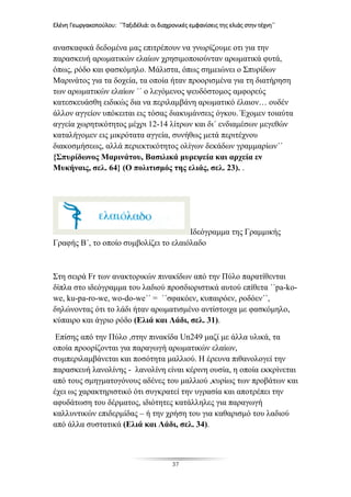 Ελένη Γεωργακοπούλου: ΄΄Ταξιδέλιά: οι διαχρονικές εμφανίσεις της ελιάς στην τέχνη΄΄
37
ανασκαφικά δεδομένα μας επιτρέπουν να γνωρίζουμε οτι για την
παρασκευή αρωματικών ελαίων χρησιμοποιούνταν αρωματικά φυτά,
όπως, ρόδο και φασκόμηλο. Μάλιστα, όπως σημειώνει ο Σπυρίδων
Μαρινάτος για τα δοχεία, τα οποία ήταν προορισμένα για τη διατήρηση
των αρωματικών ελαίων ΄΄ ο λεγόμενος ψευδόστομος αμφορεύς
κατεσκευάσθη ειδικώς δια να περιλαμβάνη αρωματικό έλαιον… ουδέν
άλλον αγγείον υπόκειται εις τόσας διακυμάνσεις όγκου. Έχομεν τοιαύτα
αγγεία χωρητικότητος μέχρι 12-14 λίτρων και δι΄ ενδιαμέσων μεγεθών
καταλήγομεν εις μικρότατα αγγεία, συνήθως μετά περιτέχνου
διακοσμήσεως, αλλά περιεκτικότητος ολίγων δεκάδων γραμμαρίων΄΄
{Σπυρίδωνος Μαρινάτου, Βασιλικά μυρεψεία και αρχεία εν
Μυκήναις, σελ. 64} (Ο πολιτισμός της ελιάς, σελ. 23). .
Ιδεόγραμμα της Γραμμικής
Γραφής Β΄, το οποίο συμβολίζει το ελαιόλαδο
Στη σειρά Fr των ανακτορικών πινακίδων από την Πύλο παρατίθενται
δίπλα στο ιδεόγραμμα του λαδιού προσδιοριστικά αυτού επίθετα ΄΄pa-ko-
we, ku-pa-ro-we, wo-do-we΄΄ = ΄΄σφακόεν, κυπαιρόεν, ροδόεν΄΄,
δηλώνοντας ότι το λάδι ήταν αρωματισμένο αντίστοιχα με φασκόμηλο,
κύπαιρο και άγριο ρόδο (Ελιά και Λάδι, σελ. 31).
Επίσης από την Πύλο ,στην πινακίδα Un249 μαζί με άλλα υλικά, τα
οποία προορίζονται για παραγωγή αρωματικών ελαίων,
συμπεριλαμβάνεται και ποσότητα μαλλιού. Η έρευνα πιθανολογεί την
παρασκευή λανολίνης - λανολίνη είναι κέρινη ουσία, η οποία εκκρίνεται
από τους σμηγματογόνους αδένες του μαλλιού ,κυρίως των προβάτων και
έχει ως χαρακτηριστικό ότι συγκρατεί την υγρασία και αποτρέπει την
αφυδάτωση του δέρματος, ιδιότητες κατάλληλες για παραγωγή
καλλυντικών επιδερμίδας – ή την χρήση του για καθαρισμό του λαδιού
από άλλα συστατικά (Ελιά και Λάδι, σελ. 34).
 