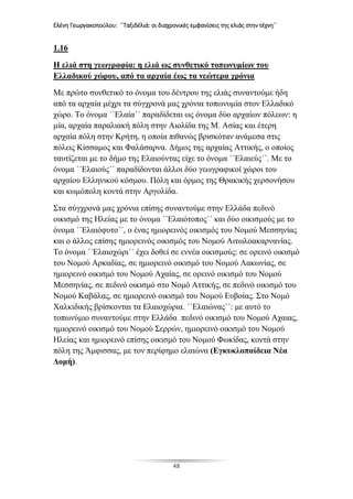 Ελένη Γεωργακοπούλου: ΄΄Ταξιδέλιά: οι διαχρονικές εμφανίσεις της ελιάς στην τέχνη΄΄
48
1.16
Η ελιά στη γεωγραφία: η ελιά ως συνθετικό τοπωνυμίων του
Ελλαδικού χώρου, από τα αρχαία έως τα νεώτερα χρόνια
Με πρώτο συνθετικό το όνομα του δέντρου της ελιάς συναντούμε ήδη
από τα αρχαία μέχρι τα σύγχρονά μας χρόνια τοπωνυμία στον Ελλαδικό
χώρο. Το όνομα ΄΄Ελαία΄΄ παραδίδεται ως όνομα δύο αρχαίων πόλεων: η
μία, αρχαία παραλιακή πόλη στην Αιολίδα της Μ. Ασίας και έτερη
αρχαία πόλη στην Κρήτη, η οποία πιθανώς βρισκόταν ανάμεσα στις
πόλεις Κίσσαμος και Φαλάσαρνα. Δήμος της αρχαίας Αττικής, ο οποίος
ταυτίζεται με το δήμο της Ελαιούντας είχε το όνομα ΄΄Ελαιεύς΄΄. Με το
όνομα ΄΄Ελαιούς΄΄ παραδίδονται άλλοι δύο γεωγραφικοί χώροι του
αρχαίου Ελληνικού κόσμου. Πόλη και όρμος της Θρακικής χερσονήσου
και κωμόπολη κοντά στην Αργολίδα.
Στα σύγχρονά μας χρόνια επίσης συναντούμε στην Ελλάδα πεδινό
οικισμό της Ηλείας με το όνομα ΄΄Ελαιότοπος΄΄ και δύο οικισμούς με το
όνομα ΄΄Ελαιόφυτο΄΄, ο ένας ημιορεινός οικισμός του Νομού Μεσσηνίας
και ο άλλος επίσης ημιορεινός οικισμός του Νομού Αιτωλοακαρνανίας.
Το όνομα ΄΄Ελαιοχώρι΄΄ έχει δοθεί σε εννέα οικισμούς: σε ορεινό οικισμό
του Νομού Αρκαδίας, σε ημιορεινό οικισμό του Νομού Λακωνίας, σε
ημιορεινό οικισμό του Νομού Αχαίας, σε ορεινό οικισμό του Νομού
Μεσσηνίας, σε πεδινό οικισμό στο Νομό Αττικής, σε πεδινό οικισμό του
Νομού Καβάλας, σε ημιορεινό οικισμό του Νομού Ευβοίας. Στο Νομό
Χαλκιδικής βρίσκονται τα Ελαιοχώρια. ΄΄Ελαιώνας΄΄: με αυτό το
τοπωνύμιο συναντούμε στην Ελλάδα πεδινό οικισμό του Νομού Αχαιας,
ημιορεινό οικισμό του Νομού Σερρών, ημιορεινό οικισμό του Νομού
Ηλείας και ημιορεινό επίσης οικισμό του Νομού Φωκίδας, κοντά στην
πόλη της Άμφισσας, με τον περίφημο ελαιώνα (Εγκυκλοπαίδεια Νέα
Δομή).
 