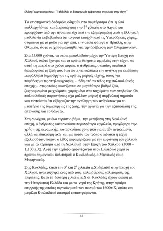 Ελένη Γεωργακοπούλου: ΄΄Ταξιδέλιά: οι διαχρονικές εμφανίσεις της ελιάς στην τέχνη΄΄
53
Τα επιστημονικά δεδομένα οδηγούν στο συμπέρασμα ότι η ελιά
καλλιεργήθηκε κατά προσέγγιση την 3η
χιλιετία στο Αιγαίο και
προερχόταν από την άγρια και όχι από την εξημερωμένη ,ενώ η Ελληνική
μυθολογία επιβεβαιώνει ότι το φυτό εισήχθη από τις Υπερβόρειες χώρες,
σύμφωνα με το μύθο για την ελιά, την οποία φύτεψε ο Ηρακλής στην
Ολυμπία, ώστε να χρησιμοποιηθεί για την βράβευση των Ολυμπιονικών.
Στα 55.000 χρόνια, τα οποία μεσολαβούν μέχρι την Ύστερη Εποχή του
Χαλκού, οπότε έχουμε και τα πρώτα δείγματα της ελιάς στην τέχνη, σε
αυτή τη μακρά στο χρόνο πορεία, ο άνθρωπος, ο οποίος σταδιακά
διαμόρφωσε τη ζωή του, έτσι ώστε να καλύπτει την ανάγκη για επιβίωση
,παράλληλα δημιούργησε τις πρώτες μορφές τέχνης, όπως για
παράδειγμα τις σπηλαιογραφίες, - ήδη από το τέλος της παλαιολιθικής
εποχής - στις οποίες εικονίζονται σε μεγαλύτερο βαθμό ζώα,
ζωγραφισμένα με χρώματα, χαραγμένα στα τοιχώματα των σπηλαίων. Οι
παλαιολιθικές παραστάσεις είχα μάλλον μαγική ή συμβολική σημασία
και πιστεύεται ότι εξέφραζαν την αντίληψη των ανθρώπων για το
μυστήριο της δημιουργίας της ζωής, την αγωνία για την εξασφάλιση της
επιβίωσης και το θάνατο.
Στη συνέχεια, με ένα τεράστιο βήμα, την μετάβαση στη Νεολιθική
εποχή, ο άνθρωπος κατασκεύασε περισσότερα εργαλεία, προχώρησε την
χρήση της κεραμικής, κατασκεύασε χρηστικά για αυτόν αντικείμενα,
αλλά και διακοσμητικά και με αυτόν τον τρόπο σταδιακά η τέχνη
εξελισσόταν, ώσπου ο λίθος παραμερίζεται με την εμφάνιση του χαλκού
και με το πέρασμα από τη Νεολιθική στην Εποχή του Χαλκού (3000 –
1.100 π.Χ). Αυτή την περίοδο εμφανίζονται στον Ελλαδικό χώρο οι
πρώτοι σημαντικοί πολιτισμοί: ο Κυκλαδικός, ο Μινωικός και ο
Μυκηναικός.
Στις Κυκλάδες, κατά την 3η
και 2η
χιλιετία π.Χ, δηλαδή στην Εποχή του
Χαλκού, αναπτύχθηκε ένας από τους παλαιότερους πολιτισμούς της
Ευρώπης. Κατά τη δεύτερη χιλιετία π.Χ οι Κυκλάδες έχουν επαφή με
την Ηπειρωτική Ελλάδα και με το νησί της Κρήτης, στην σφαίρα
επιρροής της οποίας περνούν μετά τον σεισμό του 1600π.Χ, οπότε και
μεγάλοι Κυκλαδικοί οικισμοί καταστρέφονται.
 