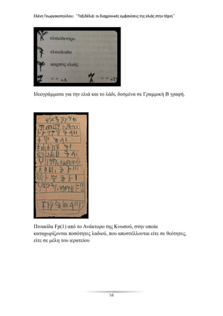Ελένη Γεωργακοπούλου: ΄΄Ταξιδέλιά: οι διαχρονικές εμφανίσεις της ελιάς στην τέχνη΄΄
58
Ιδεογράμματα για την ελιά και το λάδι, δοσμένα σε Γραμμική Β γραφή.
Πινακίδα Fp(1) από το Ανάκτορο της Κνωσού, στην οποία
καταχωρίζονται ποσότητες λαδιού, που αποστέλλονται είτε σε θεότητες,
είτε σε μέλη του ιερατείου
 