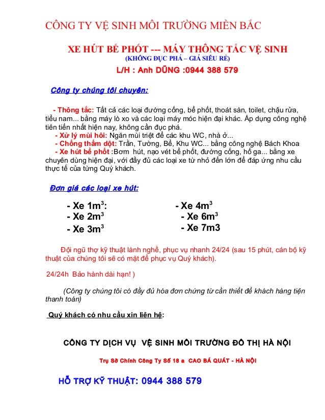 CÔNG TY VỆ SINH MÔI TRƯỜNG MIỀN BẮC
XE HÚT BỂ PHỐT --- MÁY THÔNG TẮC VỆ SINH
(KHÔNG ĐỤC PHÁ – GIÁ SIÊU RẺ)
L/H : Anh DŨNG ...