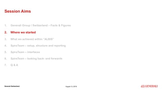 Internal
Generali Switzerland
Session Aims
1. Generali Group / Switzerland – Facts & Figures
2. Where we started
3. What we achieved within “ALBIS”
4. SpiraTeam – setup, structure and reporting
5. SpiraTeam – interfaces
6. SpiraTeam – looking back- and forwards
7. Q & A
August 13, 2019
 