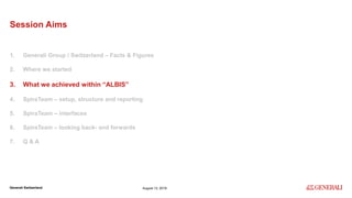 Internal
Generali Switzerland
Session Aims
1. Generali Group / Switzerland – Facts & Figures
2. Where we started
3. What we achieved within “ALBIS”
4. SpiraTeam – setup, structure and reporting
5. SpiraTeam – interfaces
6. SpiraTeam – looking back- and forwards
7. Q & A
August 13, 2019
 