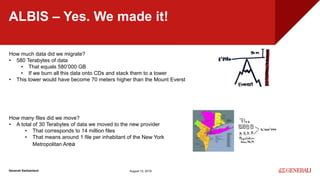Internal
Generali Switzerland
ALBIS – Yes. We made it!
August 13, 2019
How much data did we migrate?
• 580 Terabytes of data
• That equals 580’000 GB
• If we burn all this data onto CDs and stack them to a tower
• This tower would have become 70 meters higher than the Mount Everst
How many files did we move?
• A total of 30 Terabytes of data we moved to the new provider
• That corresponds to 14 million files
• That means around 1 file per inhabitant of the New York
Metropolitan Area
 