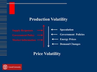 Production Volatility

Supply Responses                  Speculation

Government Policy                 Government Policies

Market Information                Energy Prices
                                  Demand Changes


                   Price Volatility
 