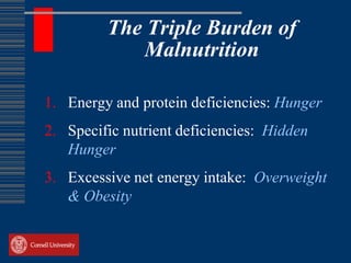The Triple Burden of
            Malnutrition

1. Energy and protein deficiencies: Hunger
2. Specific nutrient deficiencies: Hidden
   Hunger
3. Excessive net energy intake: Overweight
   & Obesity
 