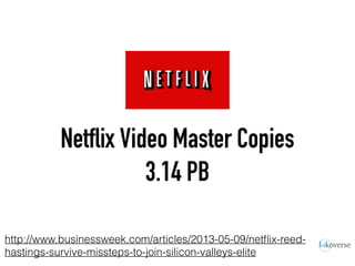 Netflix Video Master Copies
3.14 PB
http://www.businessweek.com/articles/2013-05-09/netﬂix-reed-
hastings-survive-missteps-to-join-silicon-valleys-elite
 