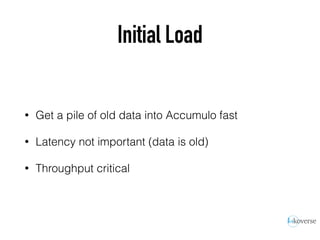 Initial Load
• Get a pile of old data into Accumulo fast
• Latency not important (data is old)
• Throughput critical
 