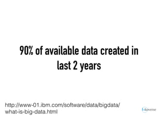 90% of available data created in
last 2 years
http://www-01.ibm.com/software/data/bigdata/
what-is-big-data.html
 