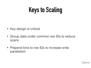 Keys to Scaling
• Key design is critical
• Group data under common row IDs to reduce
scans
• Prepend bins to row IDs to increase write
parallelism
 