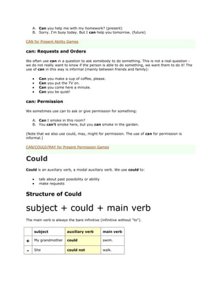A. Can you help me with my homework? (present)
    B. Sorry. I'm busy today. But I can help you tomorrow. (future)

CAN for Present Ability Games

can: Requests and Orders

We often use can in a question to ask somebody to do something. This is not a real question -
we do not really want to know if the person is able to do something, we want them to do it! The
use of can in this way is informal (mainly between friends and family):

       Can   you   make a cup of coffee, please.
       Can   you   put the TV on.
       Can   you   come here a minute.
       Can   you   be quiet!

can: Permission

We sometimes use can to ask or give permission for something:

    A. Can I smoke in this room?
    B. You can't smoke here, but you can smoke in the garden.

(Note that we also use could, may, might for permission. The use of can for permission is
informal.)

CAN/COULD/MAY for Present Permission Games


Could
Could is an auxiliary verb, a modal auxiliary verb. We use could to:

       talk about past possibility or ability
       make requests


Structure of Could

subject + could + main verb
The main verb is always the bare infinitive (infinitive without "to").


    subject              auxiliary verb         main verb

+   My grandmother       could                  swim.


-   She                  could not              walk.
 