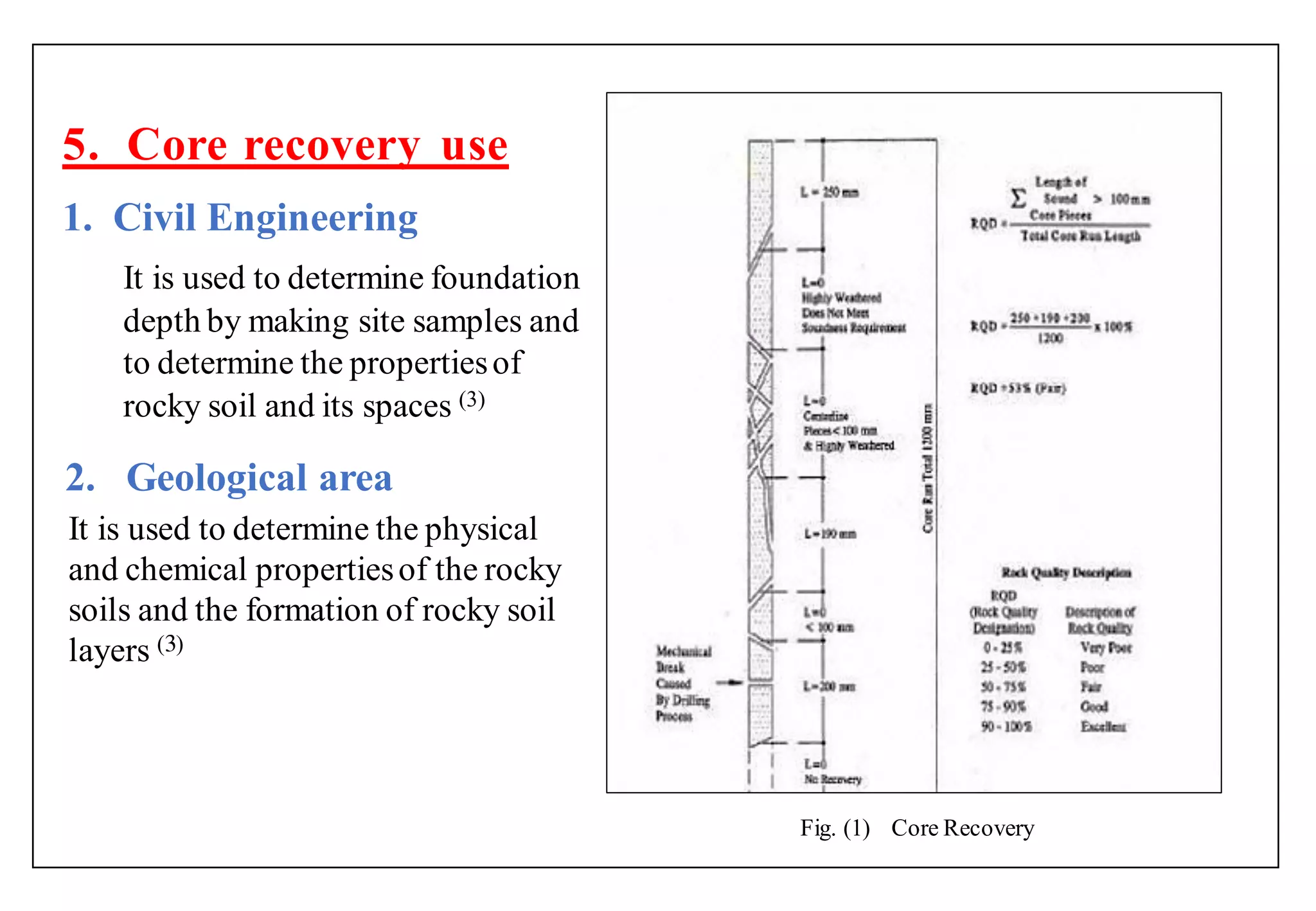 5. Core recovery use
1. Civil Engineering
It is used to determine foundation
depth by making site samples and
to determine the propertiesof
rocky soil and its spaces (3)
2. Geological area
It is used to determine the physical
and chemical propertiesof the rocky
soils and the formation of rocky soil
layers ( )
Fig. (1) Core Recovery
 