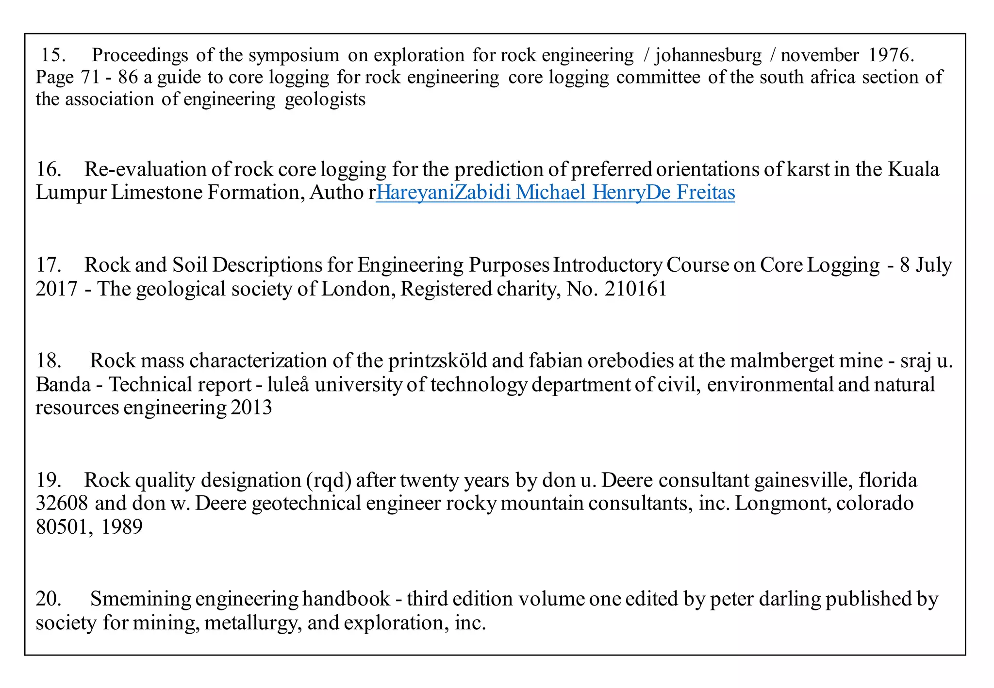 15. Proceedings of the symposium on exploration for rock engineering / johannesburg / november 1976.
Page 71 - 86 a guide to core logging for rock engineering core logging committee of the south africa section of
the association of engineering geologists
16. Re-evaluation of rock core logging for the prediction of preferred orientations of karst in the Kuala
Lumpur Limestone Formation, Autho rHareyaniZabidi Michael HenryDe Freitas
17. Rock and Soil Descriptions for Engineering PurposesIntroductory Course on Core Logging - 8 July
2017 - The geological society of London, Registered charity, No. 210161
18. Rock mass characterization of the printzsköld and fabian orebodies at the malmberget mine - sraj u.
Banda - Technical report - luleå university of technology department of civil, environmental and natural
resources engineering 2013
19. Rock quality designation (rqd) after twenty years by don u. Deere consultant gainesville, florida
32608 and don w. Deere geotechnical engineer rocky mountain consultants, inc. Longmont, colorado
80501, 1989
20. Smemining engineering handbook - third edition volume one edited by peter darling published by
society for mining, metallurgy, and exploration, inc.
 
