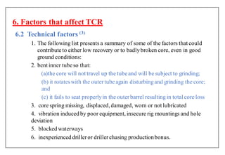 6.2 Technical factors ( )
1. The following list presents a summary of some of the factors that could
contributeto either low recovery or to badlybroken core, even in good
ground conditions:
2. bent inner tubeso that:
(a)the core will not travel up the tubeand will be subject to grinding;
(b) it rotateswith the outertubeagain disturbingand grinding the core;
and
(c) it fails to seat properlyin the outerbarrel resulting in total core loss
3. core spring missing, displaced, damaged, worn or not lubricated
4. vibration induced by poor equipment, insecure rig mountings and hole
deviation
5. blocked waterways
6. inexperienced drilleror drillerchasing productionbonus.
6. Factors that affect TCR
 