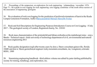 15. Proceedings of the symposium on exploration for rock engineering / johannesburg / november 1976.
Page 71 - 86 a guide to core logging for rock engineering core logging committee of the south africa section of
the association of engineering geologists
16. Re-evaluation of rock core logging for the prediction of preferred orientations of karst in the Kuala
Lumpur Limestone Formation, Autho rHareyaniZabidi Michael HenryDe Freitas
17. Rock and Soil Descriptions for Engineering PurposesIntroductory Course on Core Logging - 8 July
2017 - The geological society of London, Registered charity, No. 210161
18. Rock mass characterization of the printzsköld and fabian orebodies at the malmberget mine - sraj u.
Banda - Technical report - luleå university of technology department of civil, environmental and natural
resources engineering 2013
19. Rock quality designation (rqd) after twenty years by don u. Deere consultant gainesville, florida
32608 and don w. Deere geotechnical engineer rocky mountain consultants, inc. Longmont, colorado
80501, 1989
20. Smemining engineering handbook - third edition volume one edited by peter darling published by
society for mining, metallurgy, and exploration, inc.
 