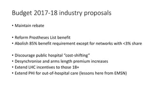 Budget 2017-18 industry proposals
• Maintain rebate
• Reform Prostheses List benefit
• Abolish 85% benefit requirement except for networks with <3% share
• Discourage public hospital “cost-shifting”
• Desynchronise and arms length premium increases
• Extend LHC incentives to those 18+
• Extend PHI for out-of-hospital care (lessons here from EMSN)
 